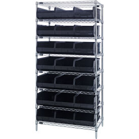 Quantum WR8-425 Chrome Wire Shelving with 21 SSB425 Stackable Shelf Bins Black 36x12x74 WR8-425BK