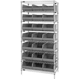 Quantum WR8-425 Chrome Wire Shelving with 21 SSB425 Stackable Shelf Bins Gray 36x12x74 WR8-425GY