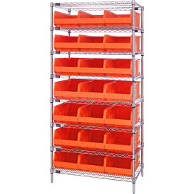 Quantum WR8-425 Chrome Wire Shelving with 21 SSB425 Stackable Shelf Bins Orange 36x12x74 WR8-425OR