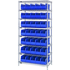 Quantum WR8-441 Chrome Wire Shelving with 35 SSB441 Stackable Shelf Bins Blue 36x14x74 WR8-441BL