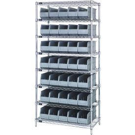 Quantum WR8-441 Chrome Wire Shelving with 35 SSB441 Stackable Shelf Bins Gray 36x14x74 WR8-441GY