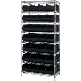 Quantum WR8-443 Chrome Wire Shelving with 28 SSB443 Stackable Shelf Bins Black 36x14x74 WR8-443BK