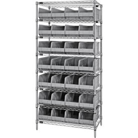 Quantum WR8-443 Chrome Wire Shelving with 28 SSB443 Stackable Shelf Bins Gray 36x14x74 WR8-443GY