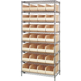 Quantum WR8-443 Chrome Wire Shelving with 28 SSB443 Stackable Shelf Bins Ivory 36x14x74 WR8-443IV