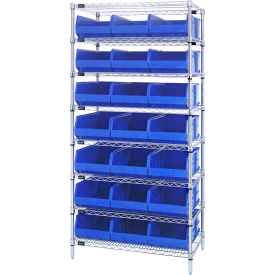 Quantum WR8-445 Chrome Wire Shelving with 21 SSB445 Stackable Shelf Bins Blue 36x14x74 WR8-445BL
