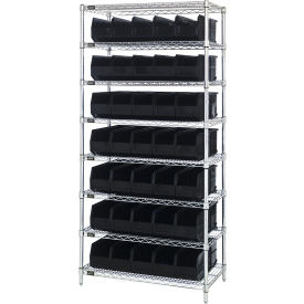 Quantum WR8-461 Chrome Wire Shelving with 35 SSB461 Stackable Shelf Bins Black 36x18x74 WR8-461BK