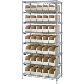 Quantum WR8-461 Chrome Wire Shelving with 35 SSB461 Stackable Shelf Bins Ivory 36x18x74 WR8-461IV