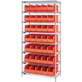 Quantum WR8-461 Chrome Wire Shelving with 35 SSB461 Stackable Shelf Bins Orange 36x18x74 WR8-461OR