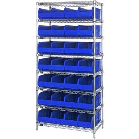 Quantum WR8-463 Chrome Wire Shelving with 28 SSB463 Stackable Shelf Bins Blue 36x18x74 WR8-463BL