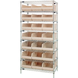 Quantum WR8-465 Chrome Wire Shelving with 21 SSB465 Stackable Shelf Bins Ivory 36x18x74 WR8-465IV