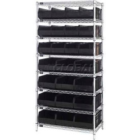 Quantum WR8-483485 Chrome Wire Shelving w/12 SSB483 12 SSB485 Stackable Shelf Bins Black 36x21x74 WR8-483485BK