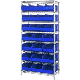 Quantum WR8-483485 Chrome Wire Shelving w/12 SSB483 12 SSB485 Stackable Shelf Bins Blue 36x21x74 WR8-483485BL