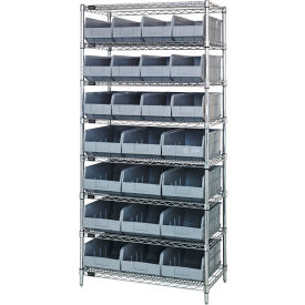 Quantum WR8-483485 Chrome Wire Shelving w/12 SSB483 12 SSB485 Stackable Shelf Bins Gray 36x21x74 WR8-483485GY