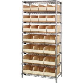 Quantum WR8-483485 Chrome Wire Shelving w/12 SSB483 12 SSB485 Stackable Shelf Bins Ivory 36x21x74 WR8-483485IV
