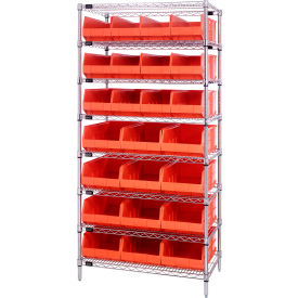 Quantum WR8-483485 Chrome Wire Shelving w/12 SSB483 12 SSB485 Stackable Shelf Bins Orange 36x21x74 WR8-483485OR