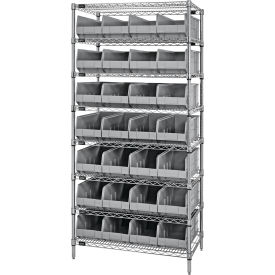 Quantum WR8-483 Chrome Wire Shelving with 28 SSB483 Stackable Shelf Bins Gray 36x21x74 WR8-483GY