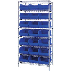 Quantum WR8-485 Chrome Wire Shelving with 21 SSB485 Stackable Shelf Bins Blue 36x21x74 WR8-485BL