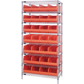 Quantum WR8-485 Chrome Wire Shelving with 21 SSB485 Stackable Shelf Bins Orange 36x21x74 WR8-485OR