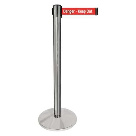 Barrier Post with Belt, Silver, 10 ft Length, 40 in Post Height, Danger Keep Out, Polished chrome MPN:QPLUS-1P-RH