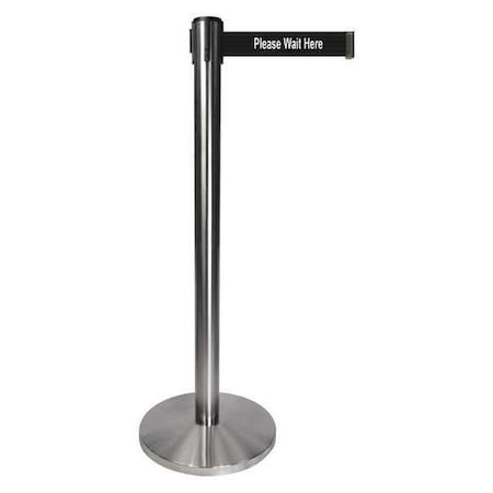 Barrier Post with Belt, Gray, 10 ft Length, 40 in Post Height, Please Wait Here, Satin Chrome MPN:QPLUS-1S-BC