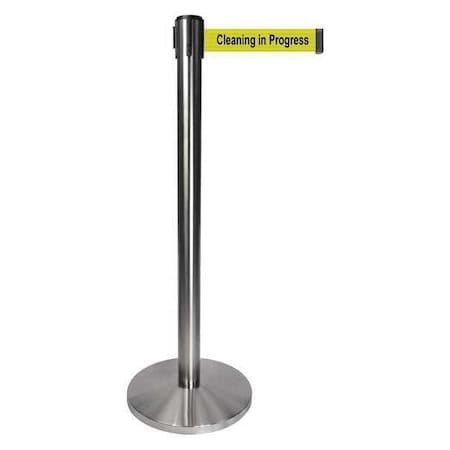 Barrier Post with Belt, Gray, 10 ft Length, 40 in Post Height, Cleaning in Progress, Satin Chrome MPN:QPLUS-1S-YC