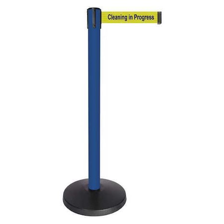 Barrier Post with Belt, Blue, 10 ft Length, 40 in Post Height, Cleaning in Progress, Powder Coated MPN:QPLUS-23-YC