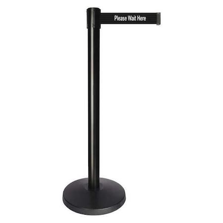 Barrier Post with Belt, Black, 10 ft Length, 40 in Post Height, Please Wait Here, Powder Coated MPN:QPLUS-33-BC