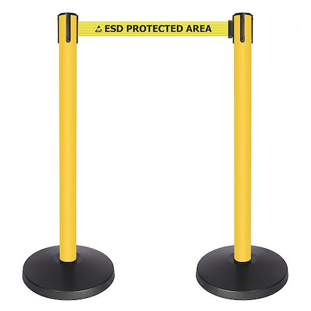 Barrier Post with Belt, Yellow, 10 ft Length, 40 in Post Height, ESD Protected Area, Powder Coated MPN:QPLUS-35-ESD