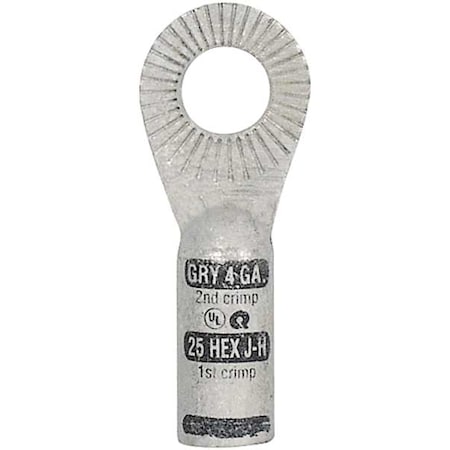 Ring Terminal, 3/8 in Stud Size, 4 AWG, 600 V, Bare Insulated, Bare, Crimp Termination Only MPN:4904-525-001F