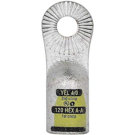 One-Hole Compression Lug, 4/0 AWG Max, 3/8 in Stud, Standard Barrel, Copper, Yellow MPN:4940-525-001F