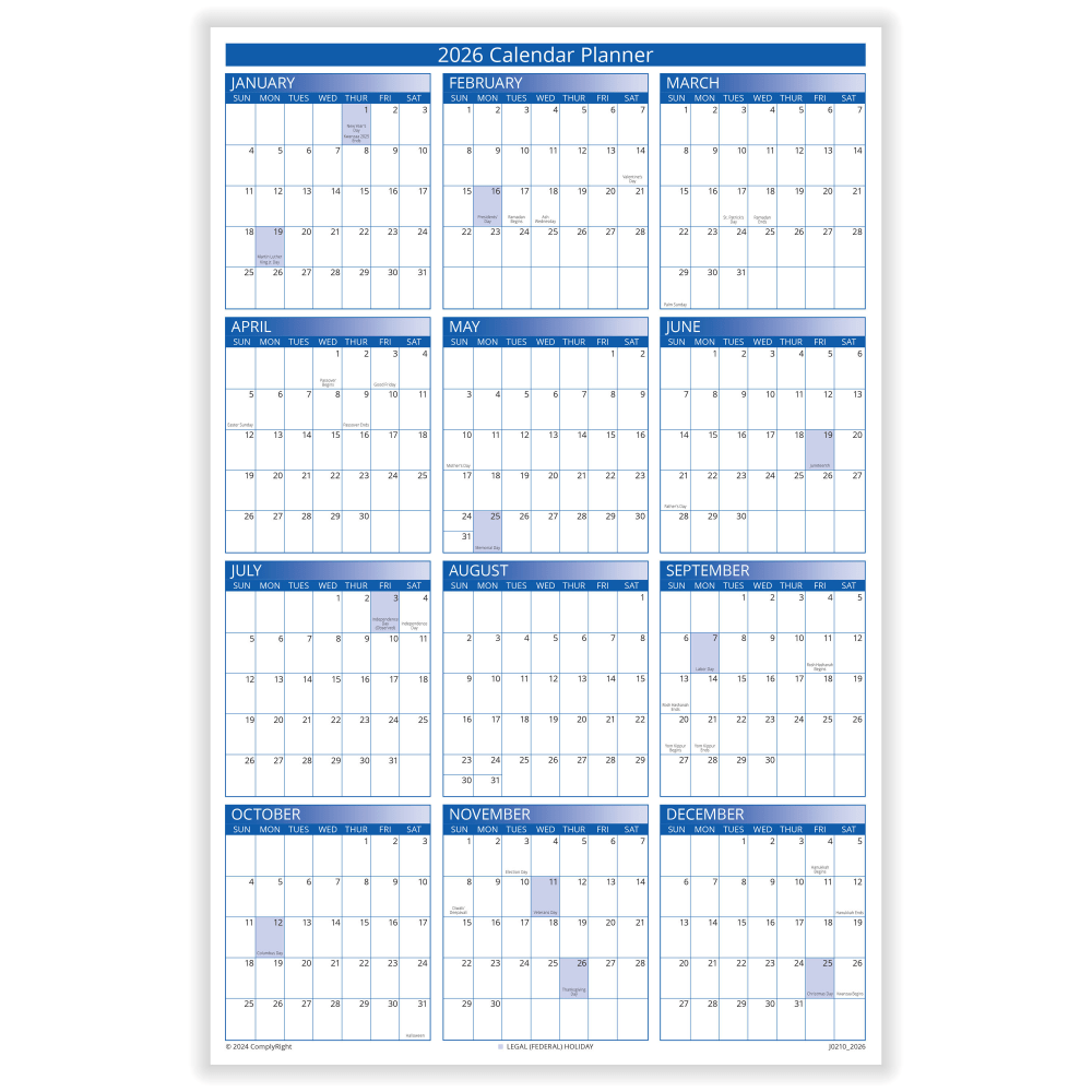 ComplyRight 2026 Desk Calendar Planner, 2-Sided. 11in x 17in MPN:J0210