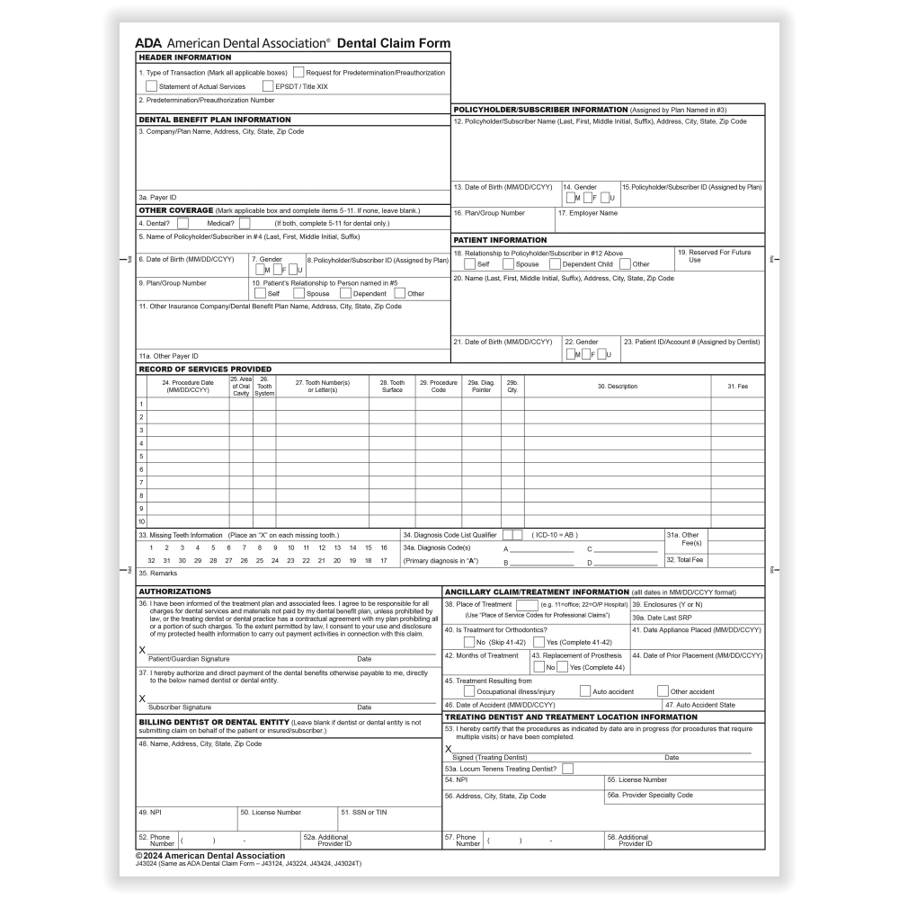 ComplyRight ADA Dental Claim Forms (2024 Version), Laser, 8-1/2in x 11in, Box Of 1, 000 Forms MPN:202411