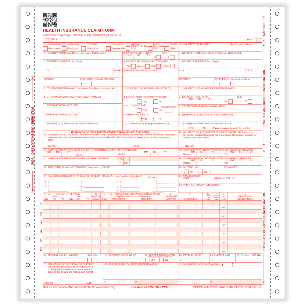 ComplyRight CMS-1500 Health Insurance Claim Form (02/12), 2-Part, Continuous, 9-1/2in x 11in, White, Pack of 1, 000 MPN:CMS1002C