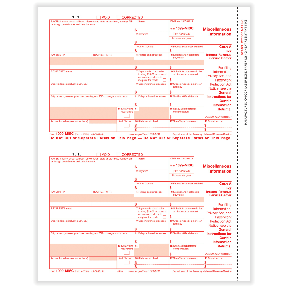 ComplyRight 1099-MISC Tax Forms, Federal Copy A, 2-Up, 8-1/2in x 11in, Pack Of 50 Forms, 51102525 MPN:51102525