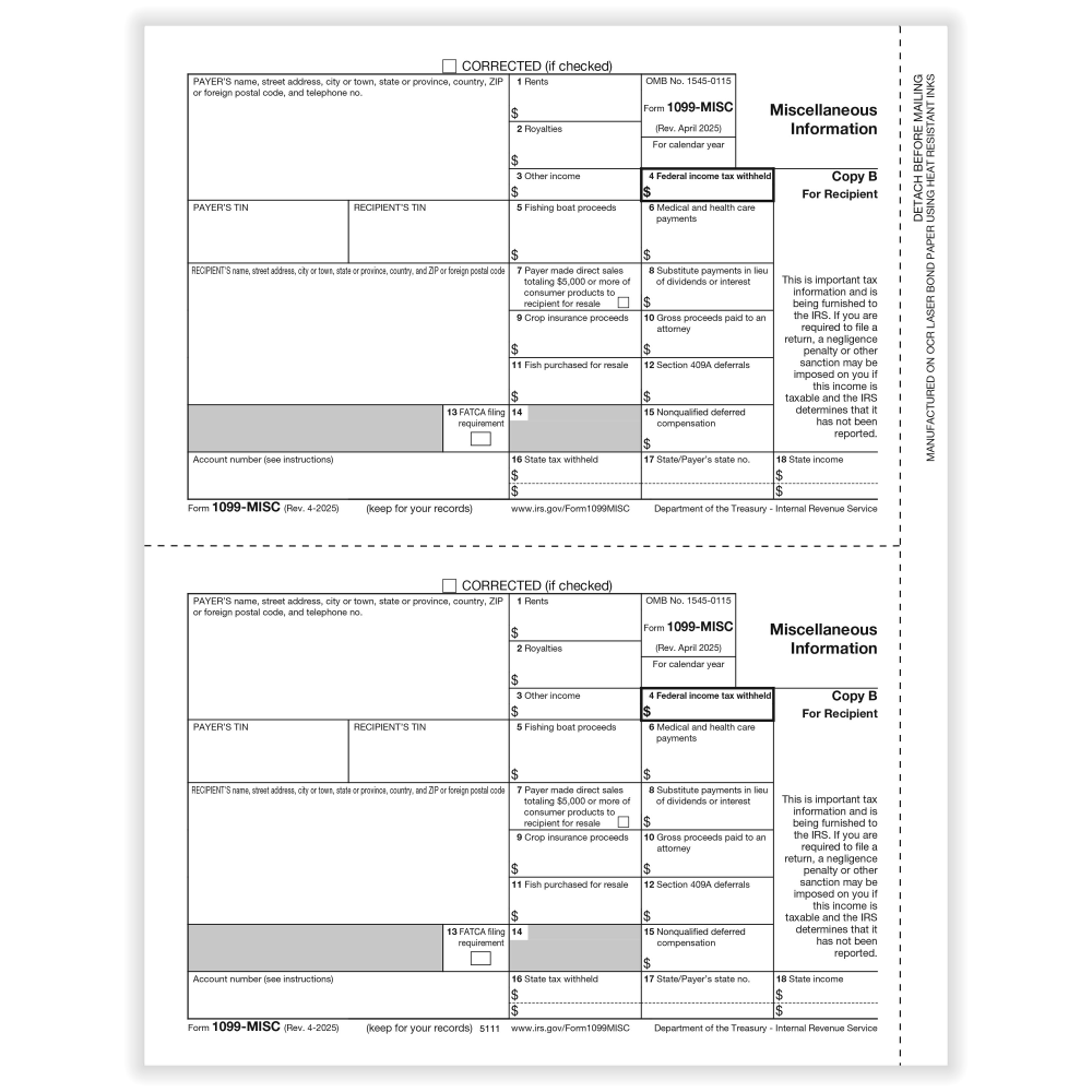 ComplyRight 1099-MISC Tax Forms, Recipient Copy B, 2-Up, 8-1/2in x 11in, Pack Of 50 Forms, 51112525 MPN:51112525