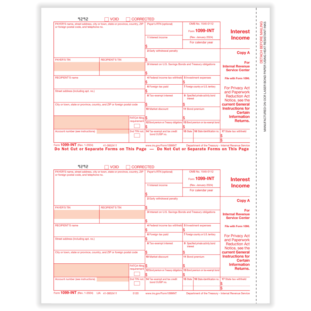 ComplyRight 1099-INT Tax Forms, 2-Up, Federal Copy A, Laser, 8-1/2in x 11in, Pack Of 50 Forms MPN:51202524