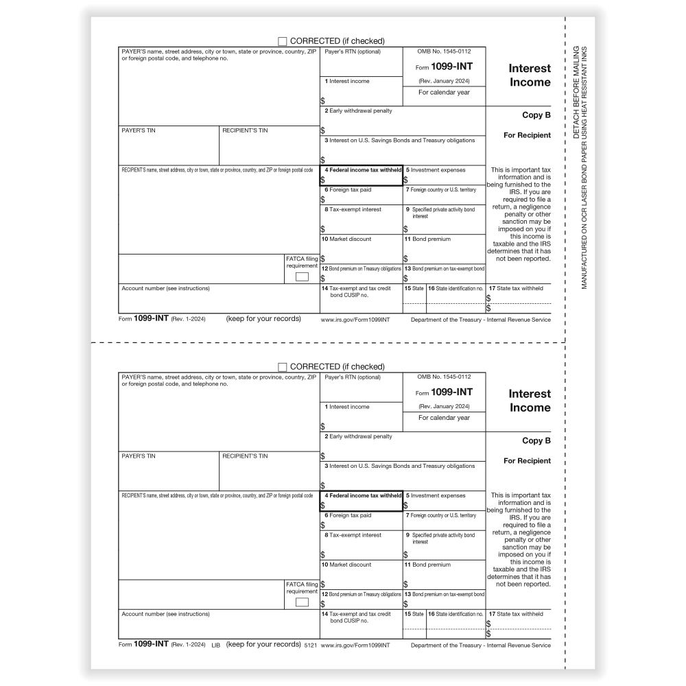 ComplyRight 1099-INT Tax Forms, 2-Up, Recipient Copy B, Laser, 8-1/2in x 11in, Pack Of 50 Forms MPN:51212524