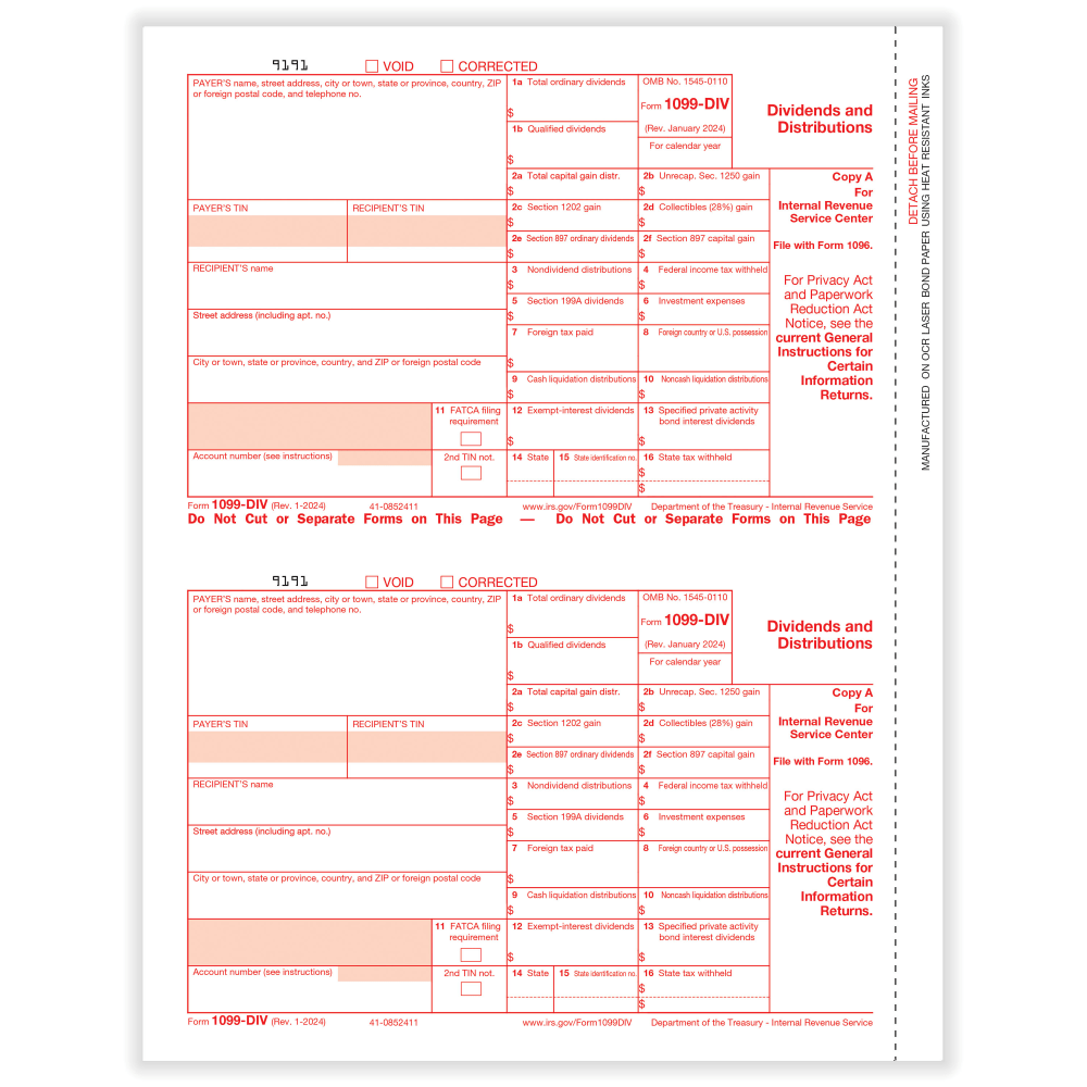 ComplyRight 1099-DIV Tax Forms, 2-Up, Federal Copy A, Laser, 8-1/2in x 11in, Pack Of 50 Forms MPN:51302524