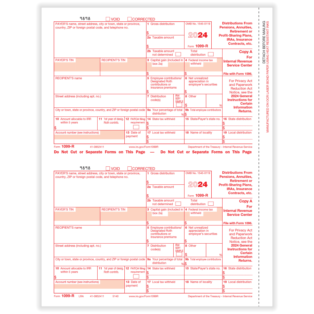 ComplyRight 1099-R Tax Forms, 2-Up, Federal Copy A, Laser, 8-1/2in x 11in, Pack Of 50 Forms MPN:51402524