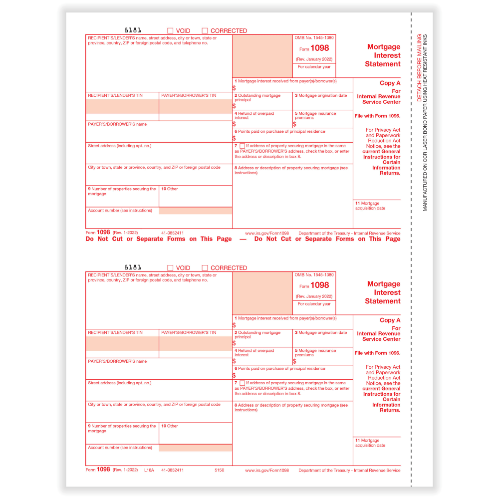 ComplyRight 1098 Tax Forms, 2-Up, Federal Copy A, Laser, 8-1/2in x 11in, Pack Of 50 Forms MPN:51502524