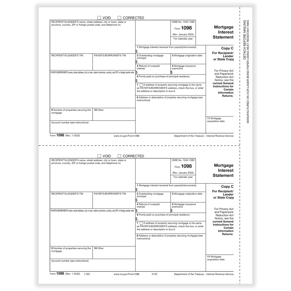 ComplyRight 1098 Tax Forms, 2-Up, Recipient/Lender Copy C and/or State Copy, Laser, 8-1/2in x 11in, Pack Of 50 Forms MPN:51522524