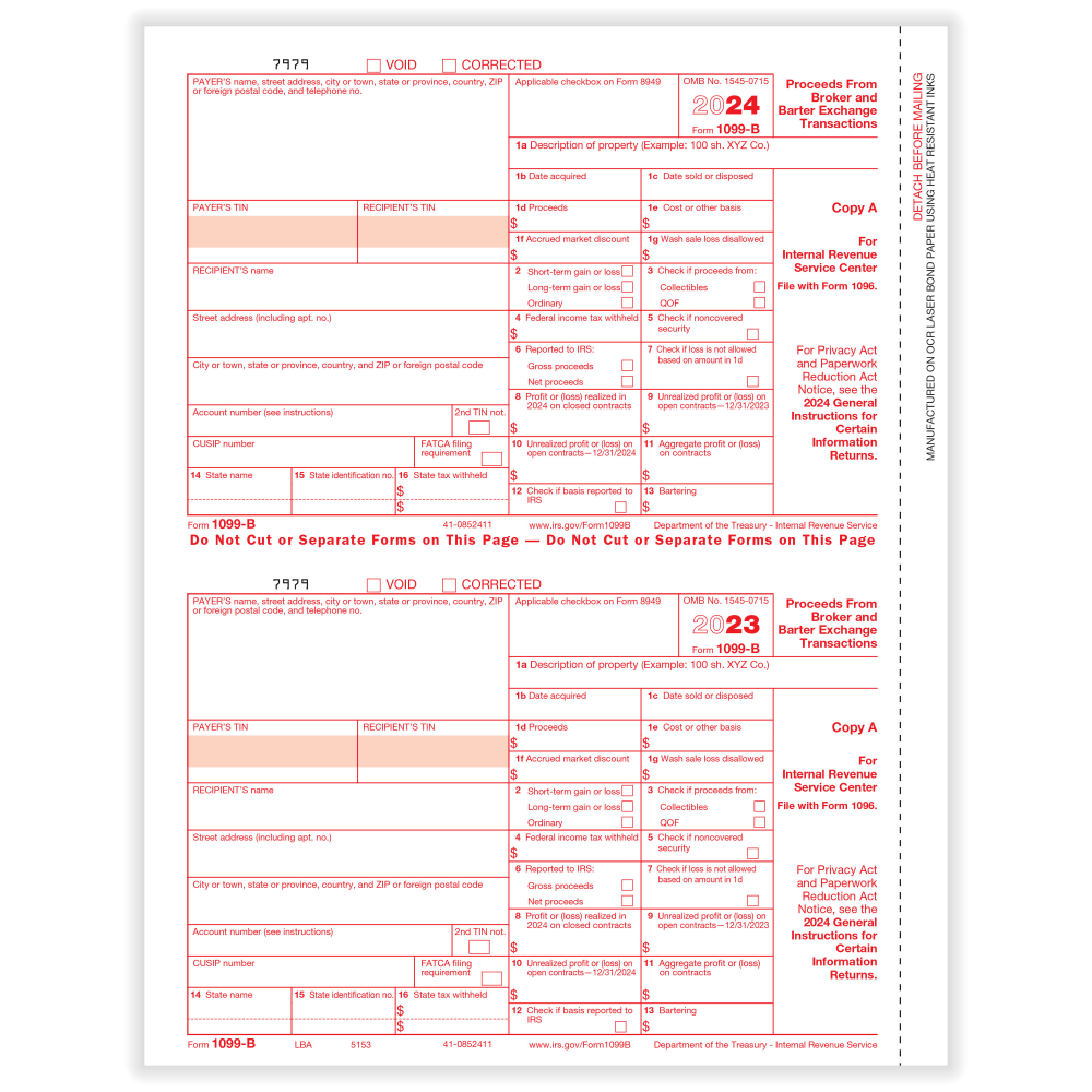 ComplyRight 1099-B Tax Forms, 2-Up, Federal Copy A, Laser, 8-1/2in x 11in, Pack Of 50 Forms MPN:51532524