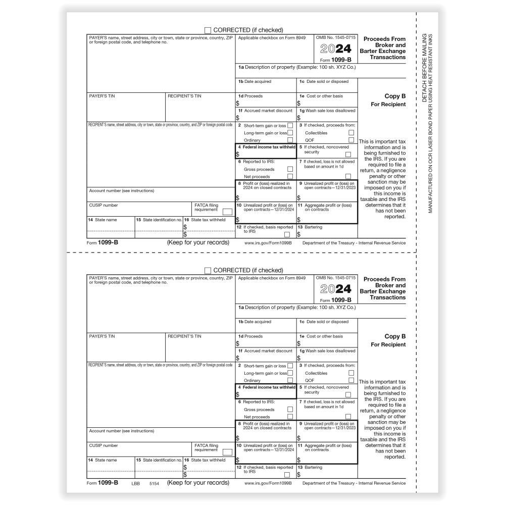 ComplyRight 1099-B Tax Forms, 2-Up, Recipient Copy B, Laser, 8-1/2in x 11in, Pack Of 50 Forms MPN:51542524