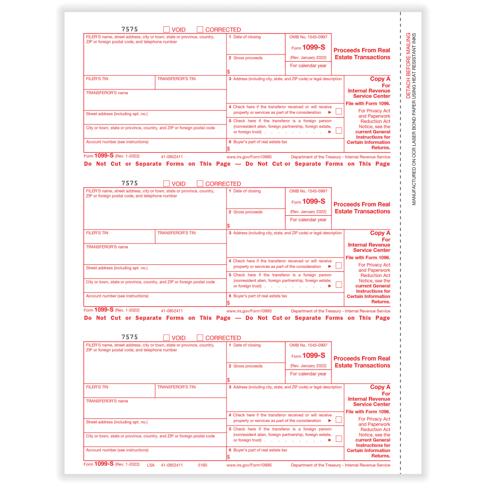 ComplyRight 1099-S Tax Forms, 3-Up, Federal Copy A, Laser, 8-1/2in x 11in, Pack Of 75 Forms MPN:51602524