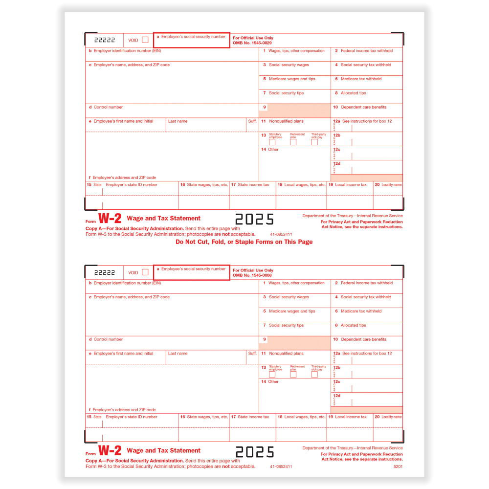 ComplyRight W-2 Tax Forms, IRS Federal Copy A, 2-Up, 8-1/2in x 11in, Pack Of 100 Forms, 52015025 MPN:52015025