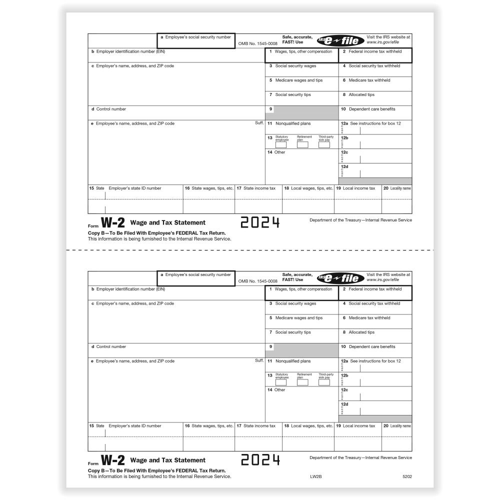 ComplyRight W-2 Tax Forms, 2-Up, Employee's IRS Federal Copy B, Laser, 8-1/2in x 11in, Pack Of 50 Forms MPN:52022524