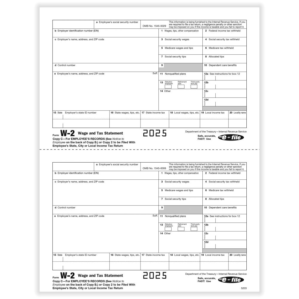 ComplyRight W-2 Tax Forms, Employee's Copy C and/or State, City Or Local Copy 2, 2-Up, 8-1/2in x 11in, Pack Of 100 Forms, 52035025 MPN:52035025
