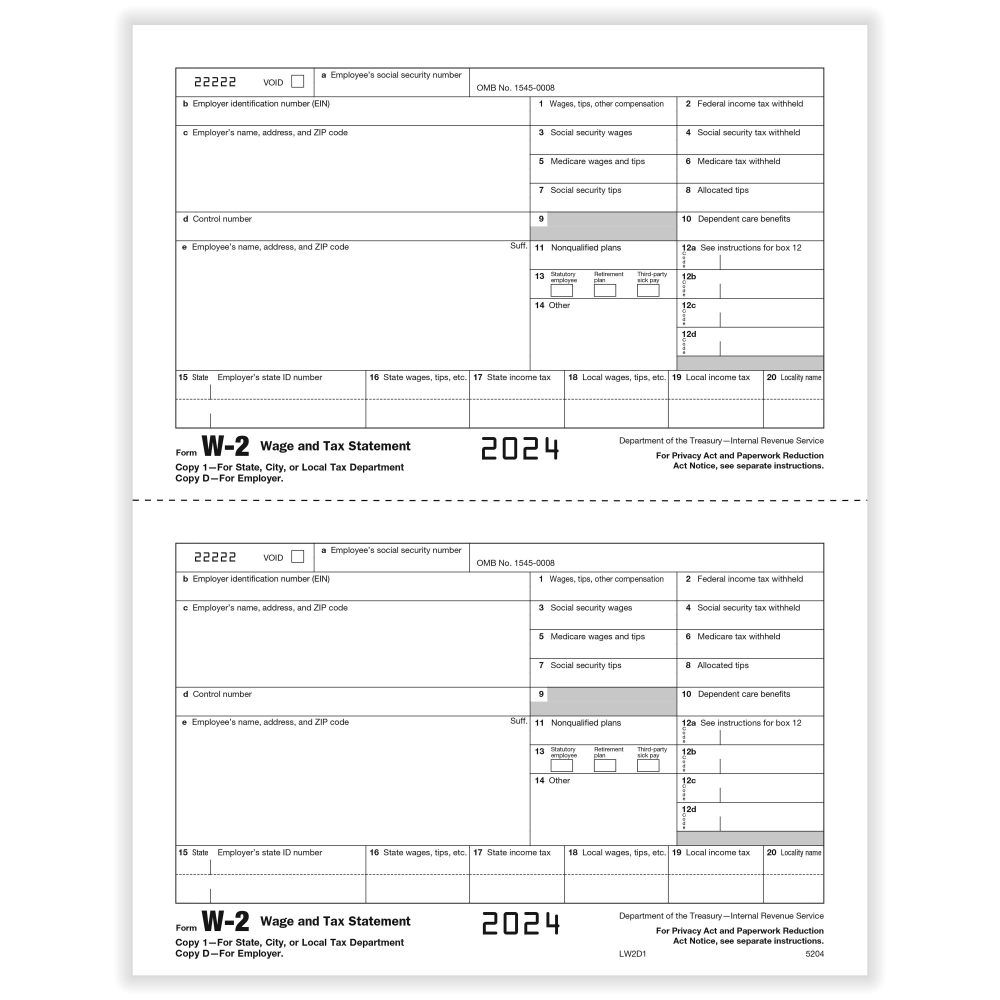 ComplyRight W-2 Tax Forms, 2-Up, Employer's Copy D and/or State, City Or Local Copy 2, Laser, 8-1/2in x 11in, Pack Of 50 Forms MPN:52042524