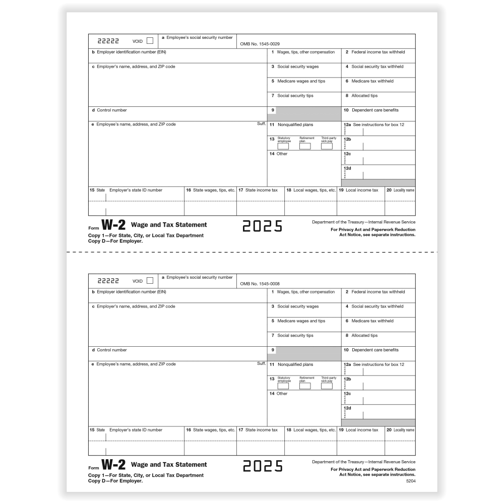 ComplyRight W-2 Tax Forms, Employer's Copy D and/or State, City Or Local Copy 2, 2-Up, 8-1/2in x 11in, Pack Of 100 Forms, 52045025 MPN:52045025