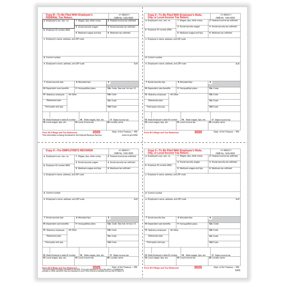 ComplyRight W-2 Tax Forms, Employee's Copies B, C, 2 & 2 Combined, 4-Up (Box Format), 8-1/2in x 11in, Pack Of 500 Forms, 5205B25 MPN:5205B25